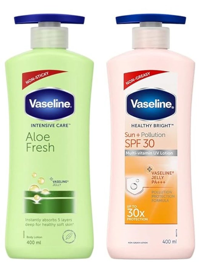 Vaseline Intensive Care Aloe Fresh Hydrating Body Lotion 400 ml, Daily Moisturizer for Dry Skin, Gives Non-Greasy, Glowing Skin - & Vaseline Healthy Bright Sun Protection Body Lotion SPF 30 400 ml - Image 1